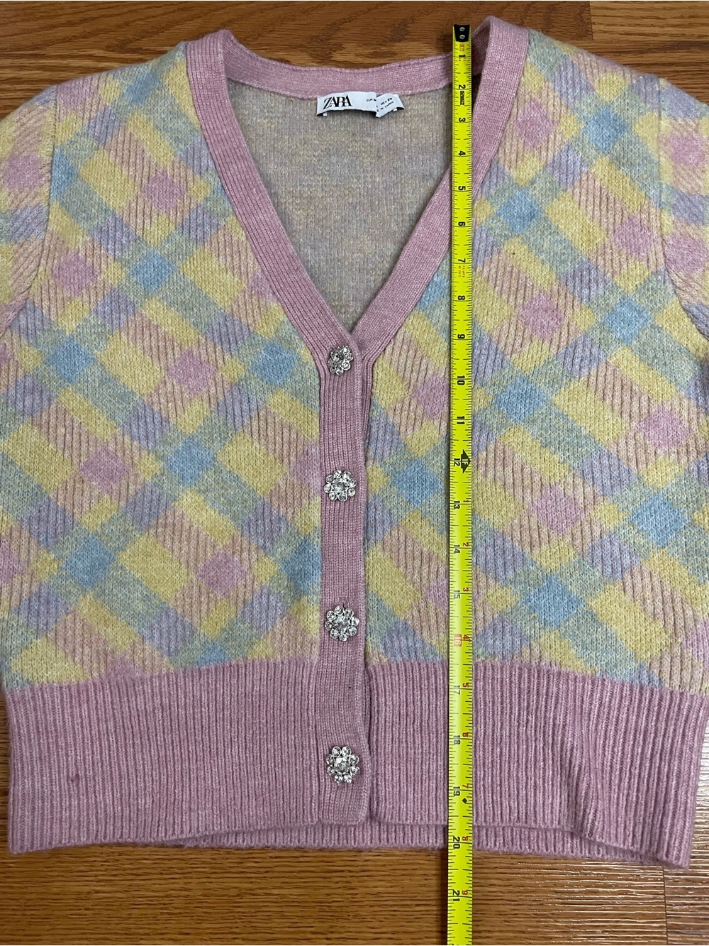 Zara Pastel Argyle Fuzzy Knit Cardigan Jewel Button Sweater Size M - Picture 11 of 11